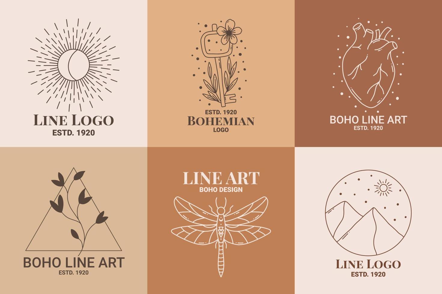 conjunto de logotipos esotéricos boho mystic doodle. icono de arte de línea mágica con sol, polilla, corazón, arena, llave vector