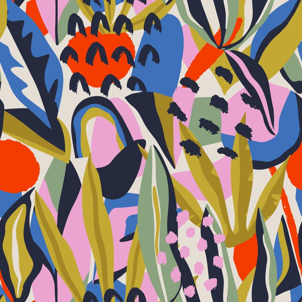 Abstract contemporary seamless pattern with hand drawn shapes, spots, dots and lines with textures. Vibrant boho print. Modern collage vector illustration
