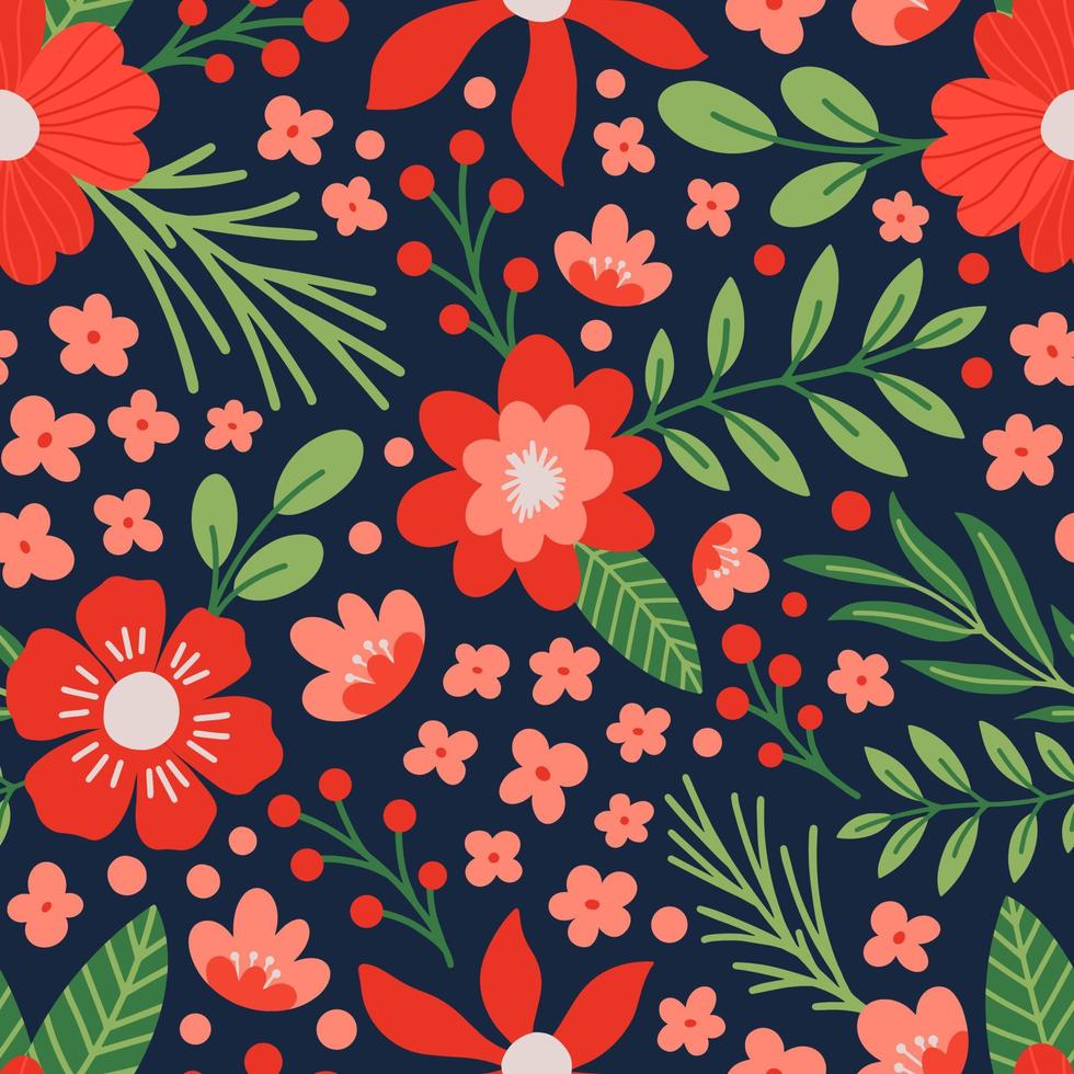 Aesthetic Contemporary printable seamless pattern with Spring botanical print design. Decorative poppy, flowers and leaves. Pastel boho background in minimalist mid century style for fabric vector