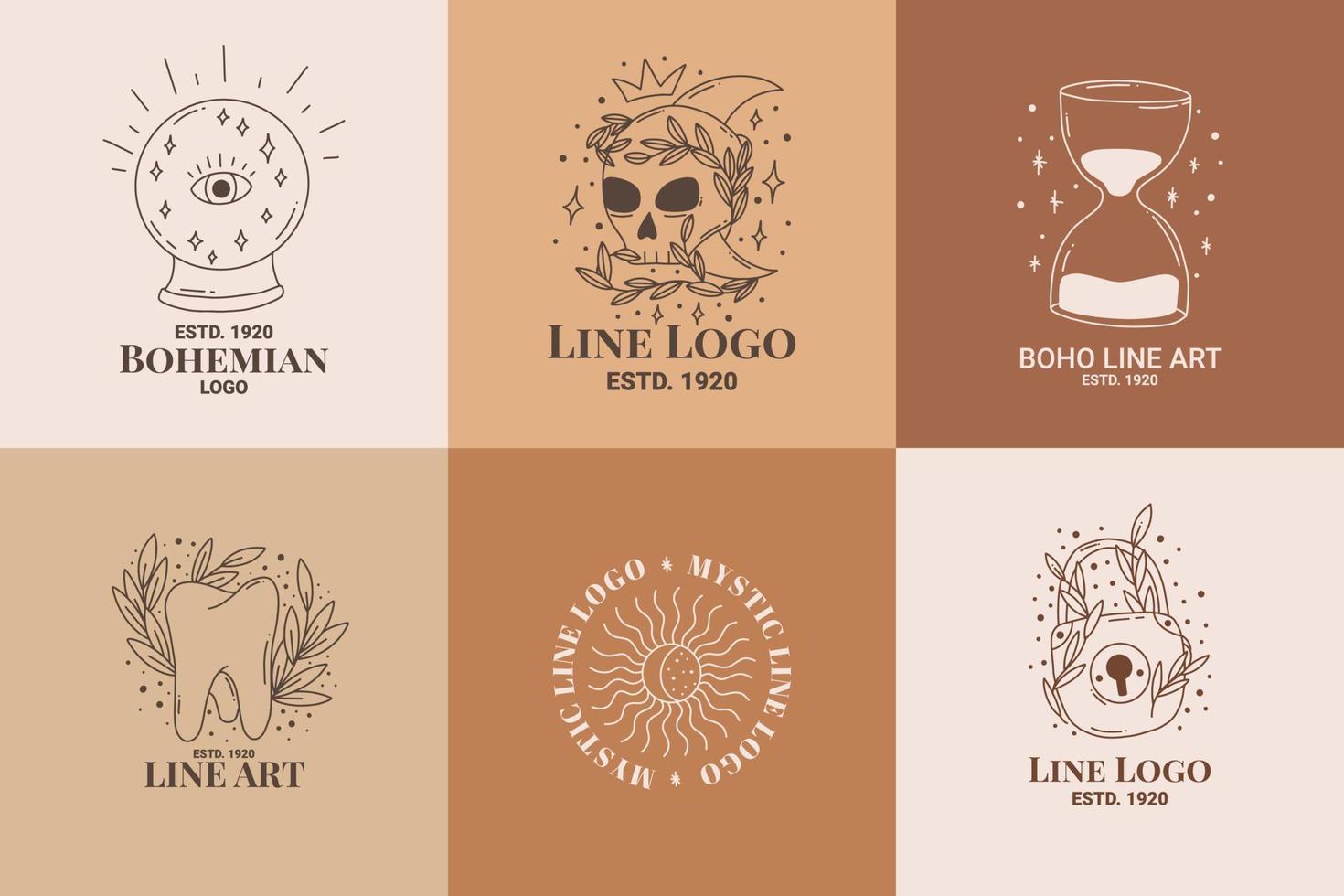 conjunto de logotipos esotéricos boho mystic doodle. icono de arte de línea mágica con reloj de arena, cráneo, diente, sol de castillo vector