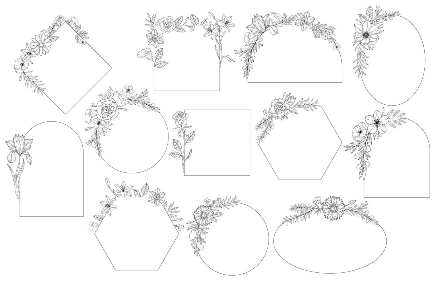 Set abstract elegant line art flower and leaf frame. Continuous boho line art silhouette of floral artwork vector