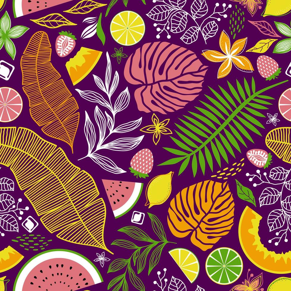 LILAC SEAMLESS VECTOR PATTERN WITH BRIGHT MULTICOLORED TROPICAL LEAVES AND FRUITS