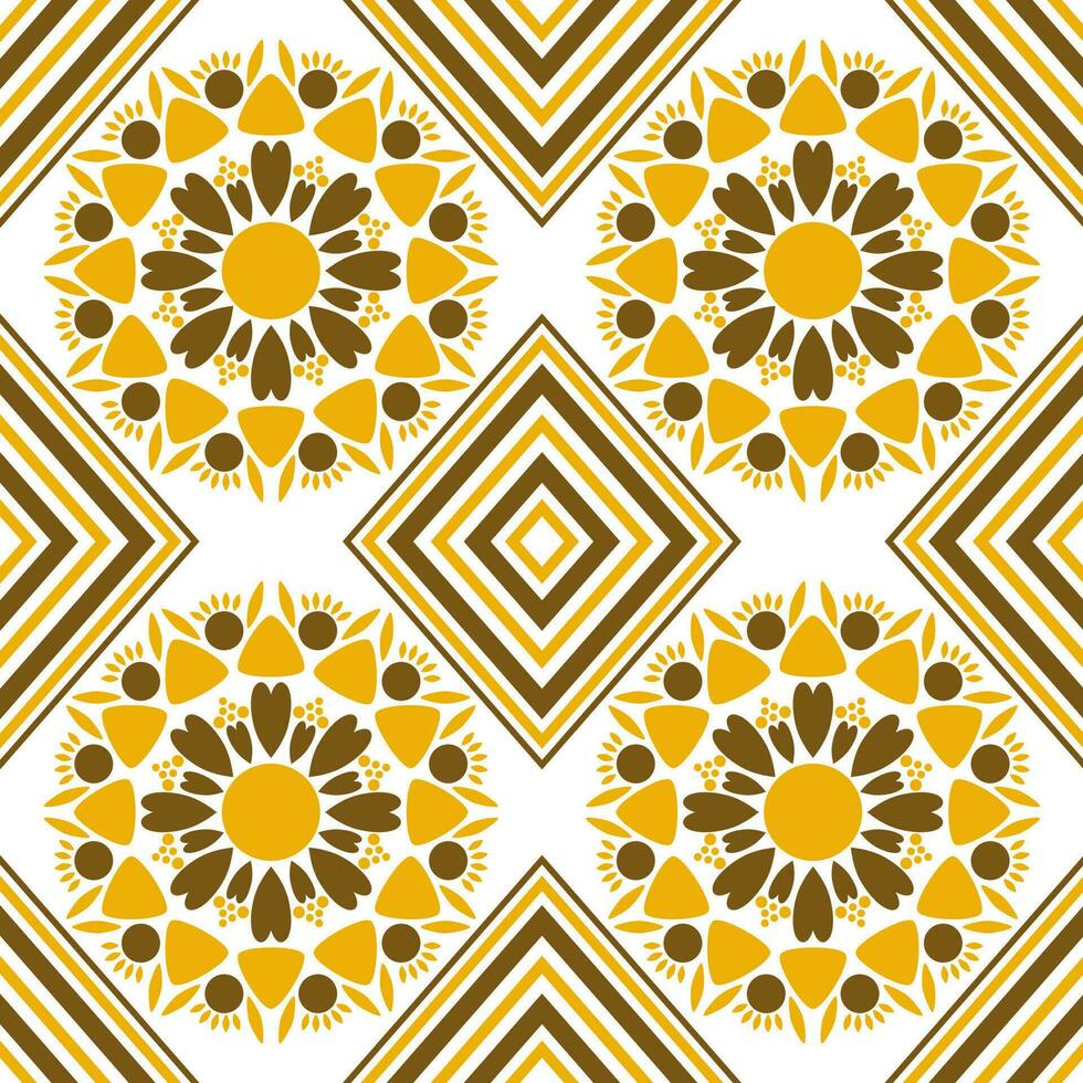 Seamless pattern with yellow and brown diamond shapes and flower shapes drawn from mixed shapes. vector