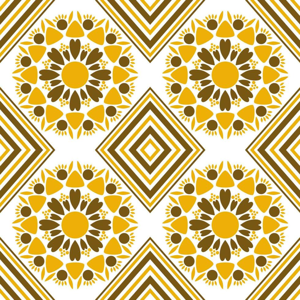 Seamless pattern with yellow and brown diamond shapes and flower shapes drawn from mixed shapes. vector