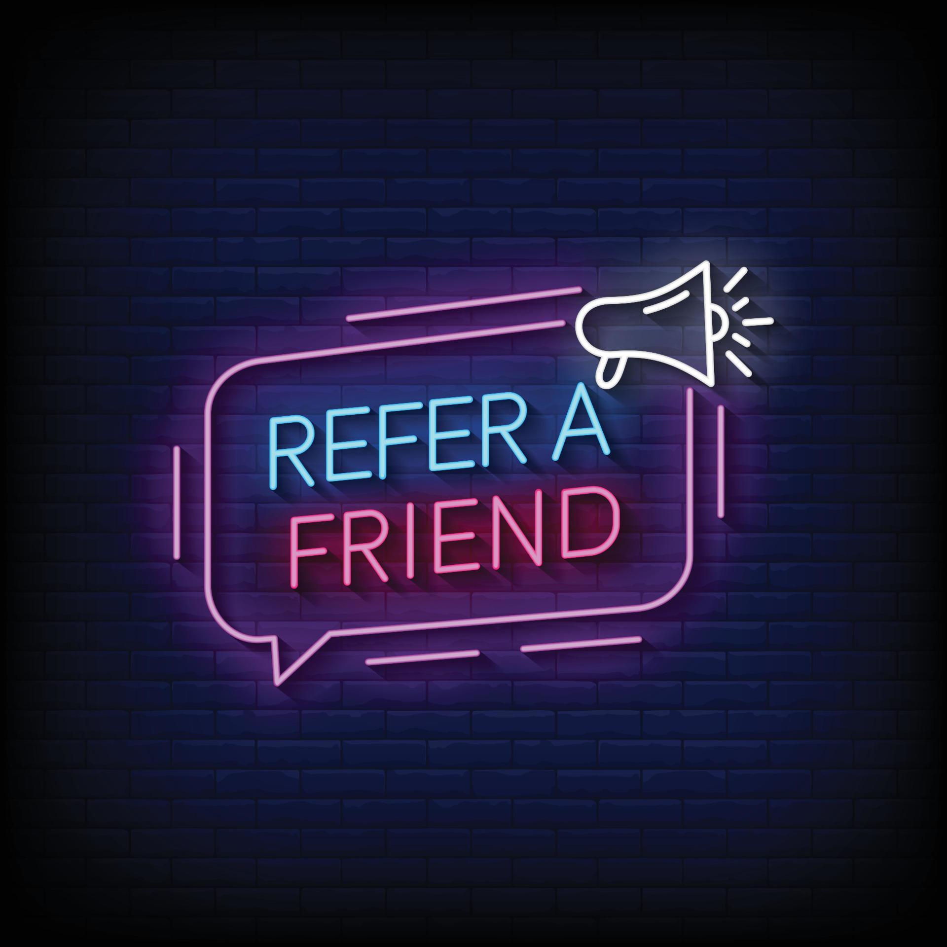 Neon Sign refer a friend with Brick Wall Background Vector 9431702 Vector Art at Vecteezy