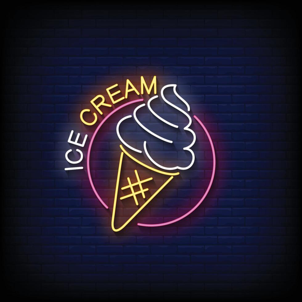 Neon Sign ice cream with Brick Wall Background Vector