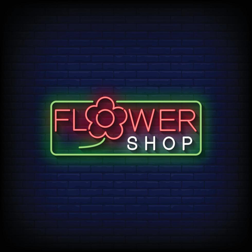 Neon Sign flower shop with Brick Wall Background Vector