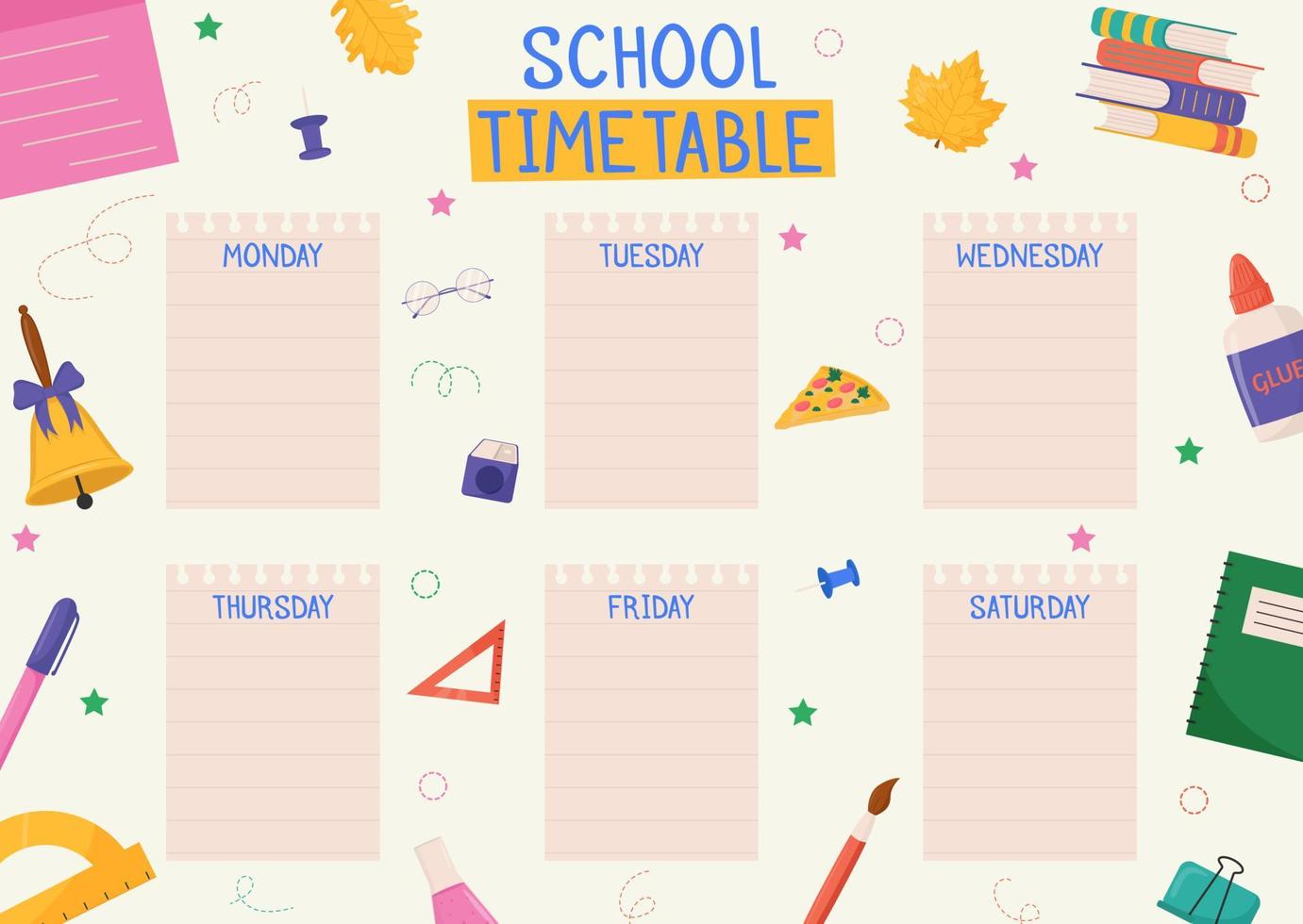 Cute childish school timetable, weekly classes schedule for kids with school supplies. Printable planner, diary for student. Stationery set for children. To Do List. vector