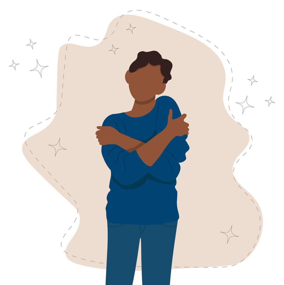 Self love concept,  black man hugging herself vector