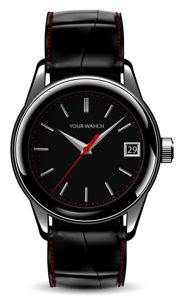 reloj realista reloj rojo plata correa de cuero negro en blanco diseño clásico vector de lujo