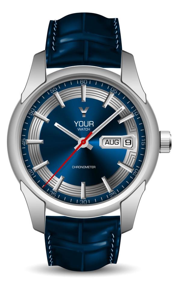 reloj realista colck plata cara azul correa de cuero en blanco diseño clásico vector de lujo