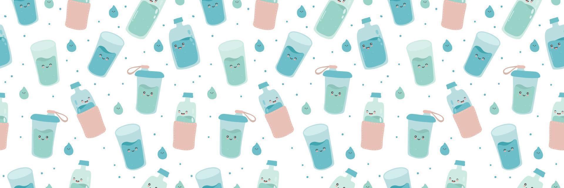 Borde horizontal sin costuras, banner web con lindas botellas y vasos divertidos y felices. agua de carácter kawaii de dibujos animados vectoriales. beber más agua cada día concepto. vector