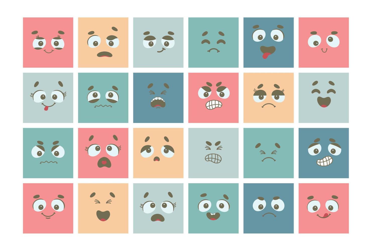 Cartoon faces. Expressive eyes and mouth, smiling, crying and surprised character face expressions. Caricature comic emotions or emoticon doodle. Isolated vector illustration icons set