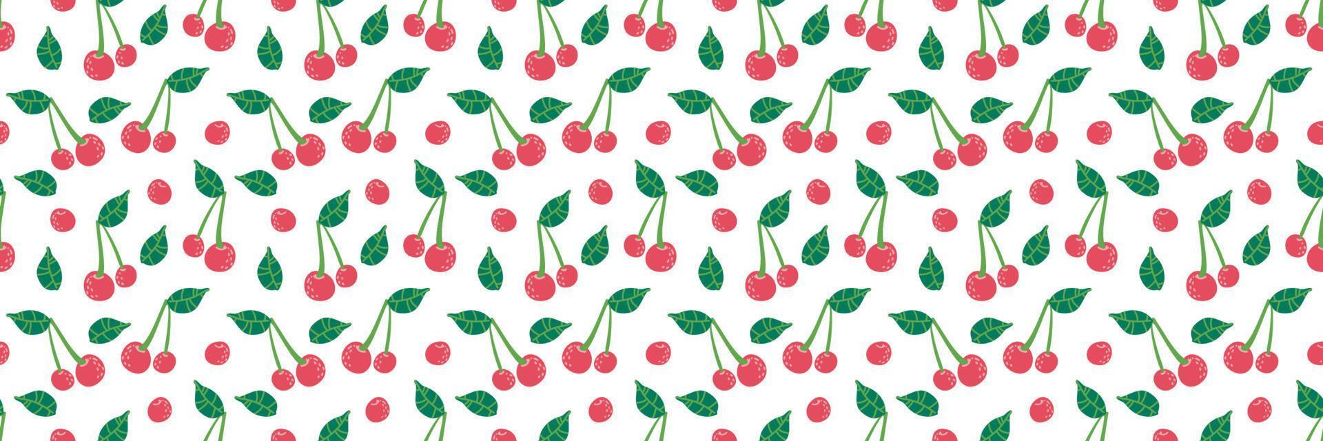 Cherry seamless vector background repeating with summer fruit, berry use for fabric gift wrap packaging. Berries fruit summer horizontal banner, border