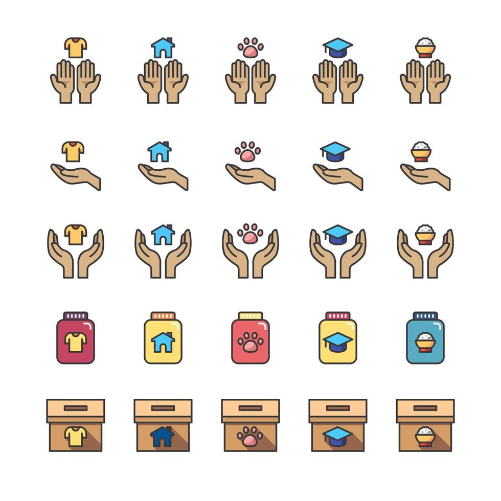 Donate and Charity flat icons set.Helping hand, Volunteer help, donations and Care box. design vector