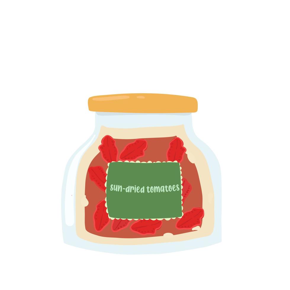 sun-dried tomatoes in a jar of oil. Illustration of dried tomatoes according to Italian recipe. vector