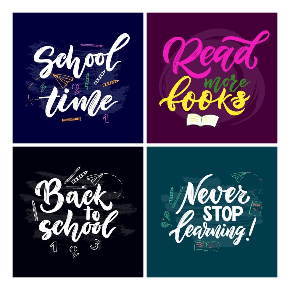 Set of motivational quotes with illustration number, pencil, brush. Concept Back to school, education. Hand lettering script. Vector.Template for cards, covers, flyers sales, banner, web poster. vector