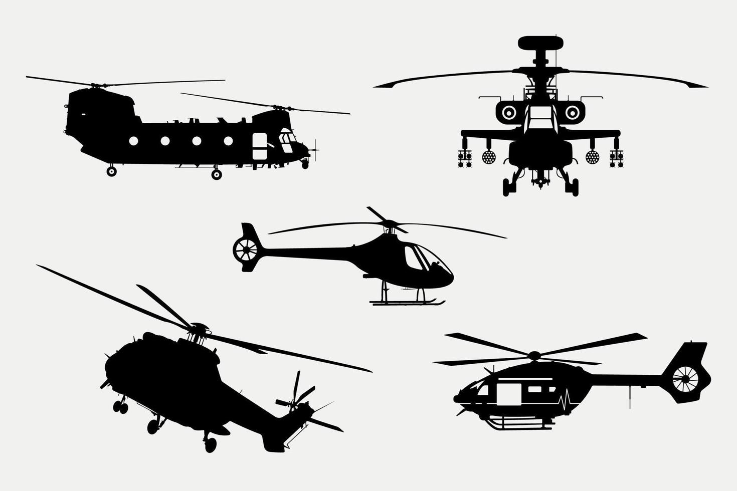 conjunto de siluetas de helicópteros, combate, búsqueda y rescate, apache, carga, ilustración de helicópteros de ambulancia aérea. vector