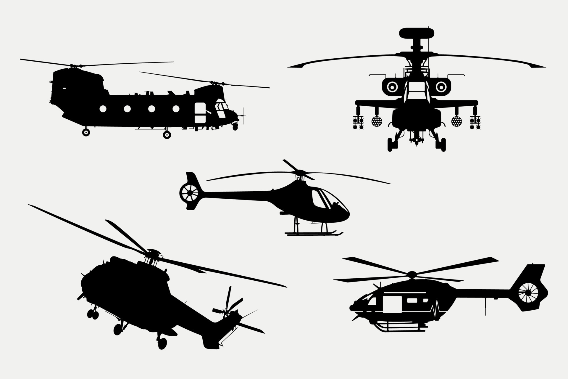Set Of Helicopters Silhouettes, combat, search and rescue, Apache, cargo,  Air ambulance Helicopters illustration. 9432438 Vector Art at Vecteezy