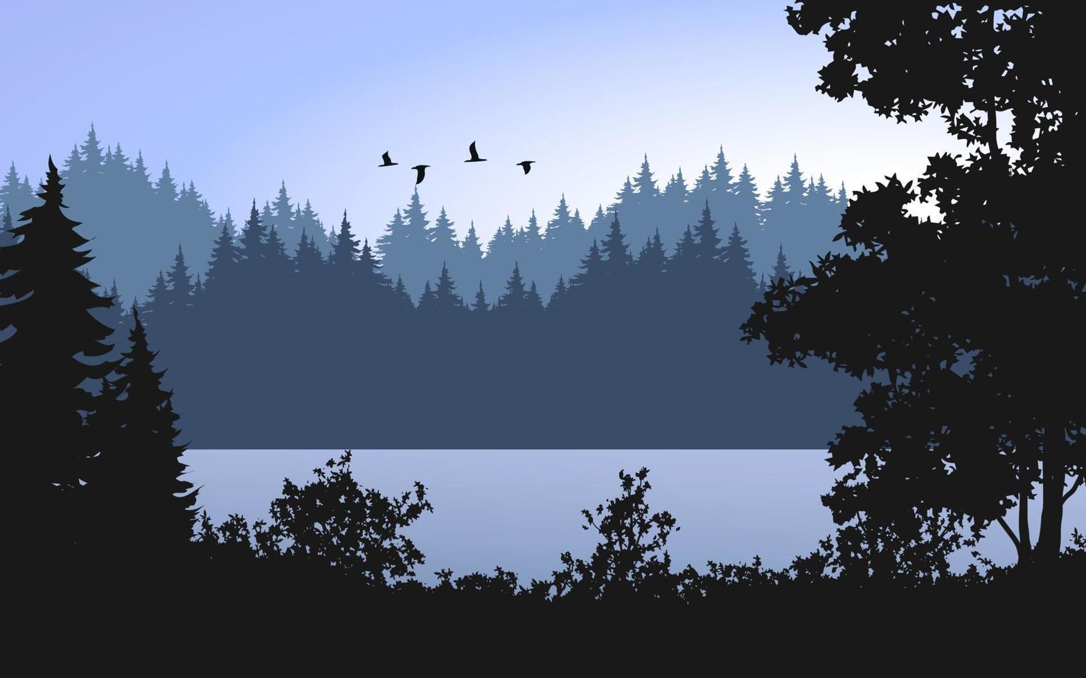 paisaje de bosque y río. silueta de bosque de coníferas al amanecer vector