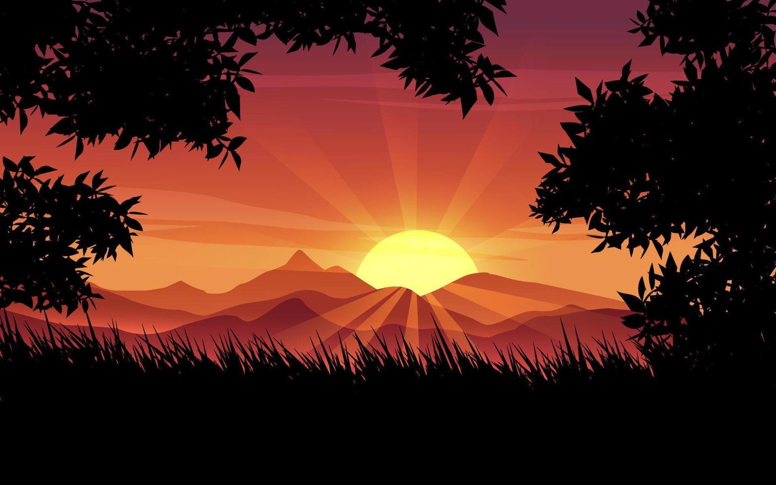 hermoso paisaje de amanecer matutino con montañas, silueta de árboles y hierba vector