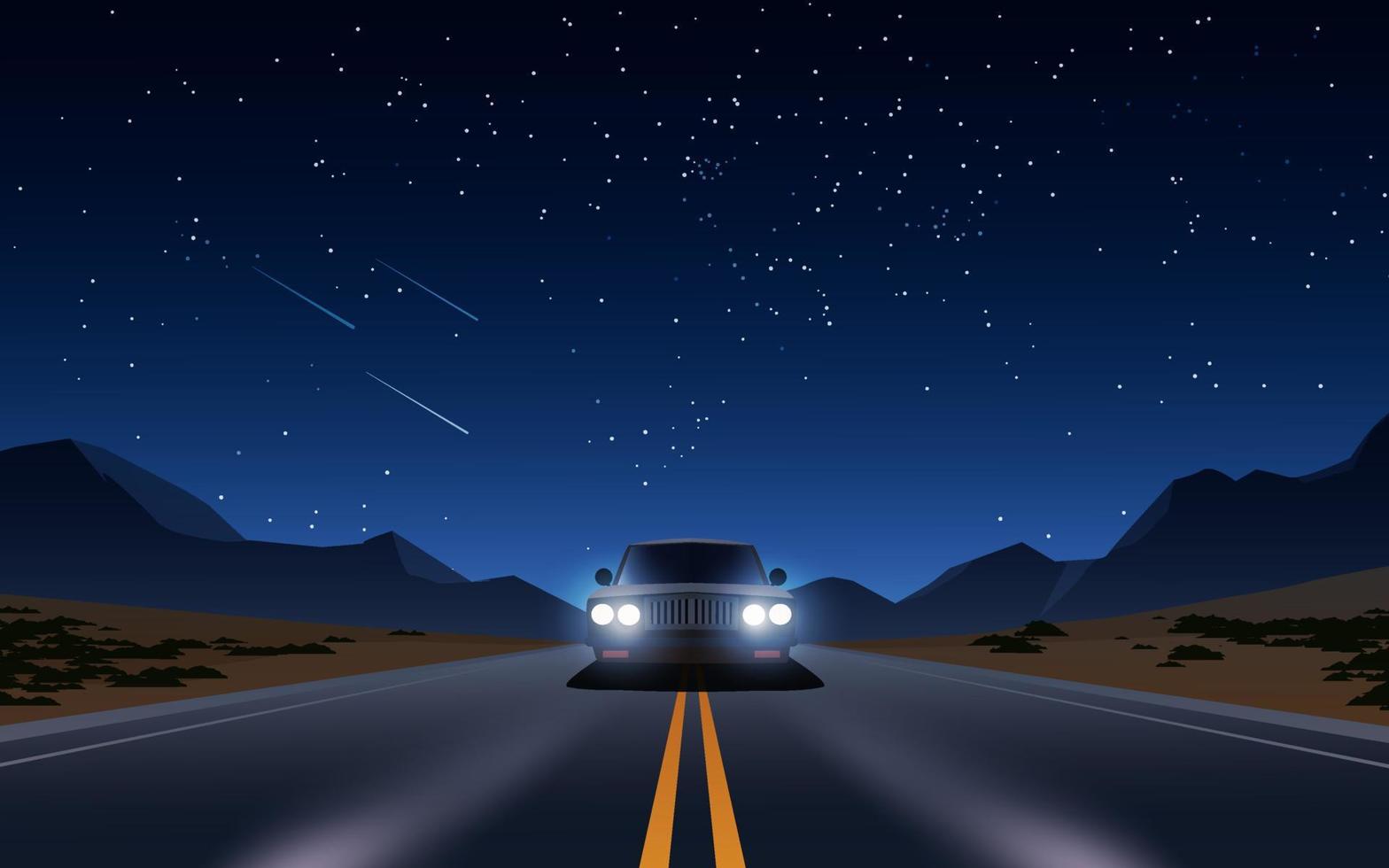 Car driving in desert highway at night under the starry sky vector
