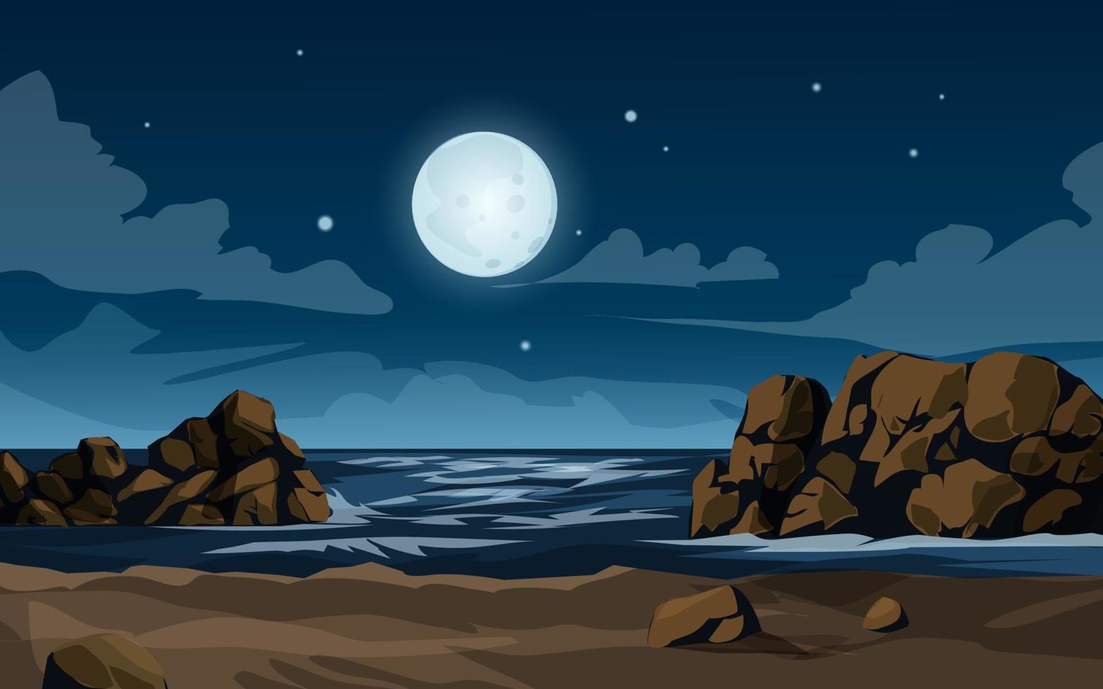 luz de la luna en la playa con rocas vector