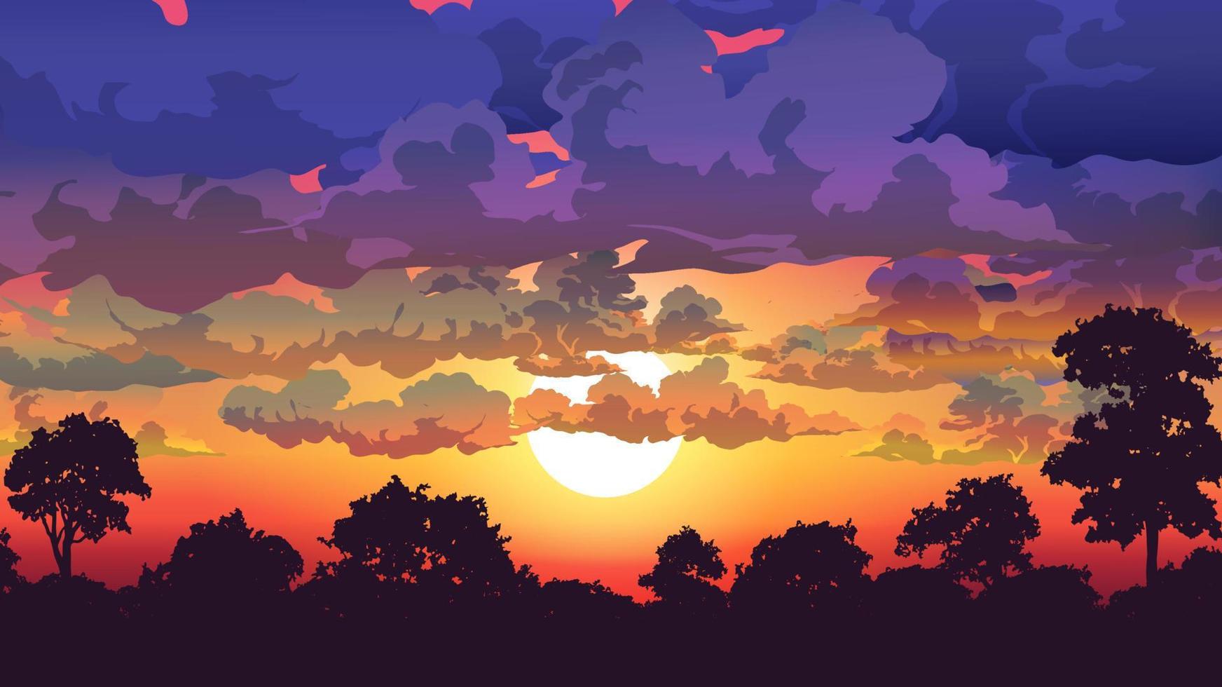 bosque nublado puesta de sol paisaje ilustración vector