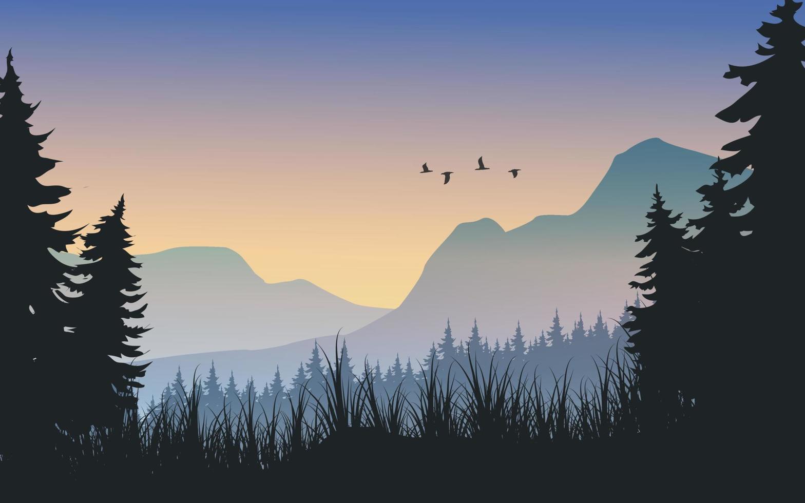 Mountain sunset landscape with grass and forest vector