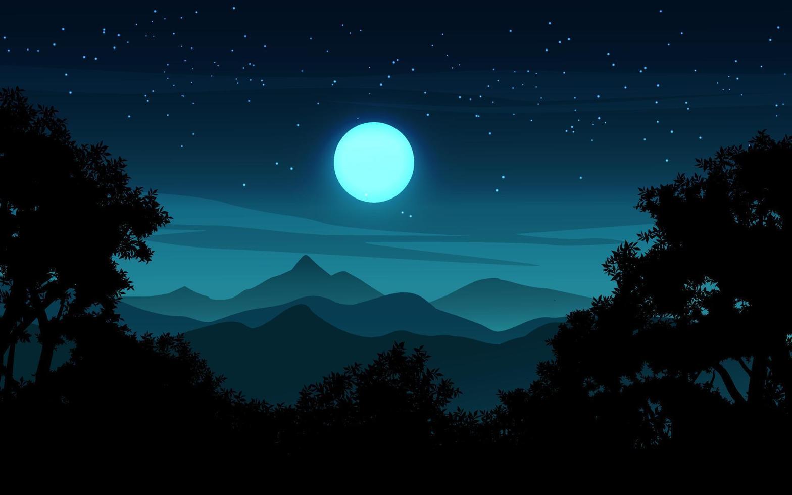 Starry night landscape with trees, grass and the moon vector