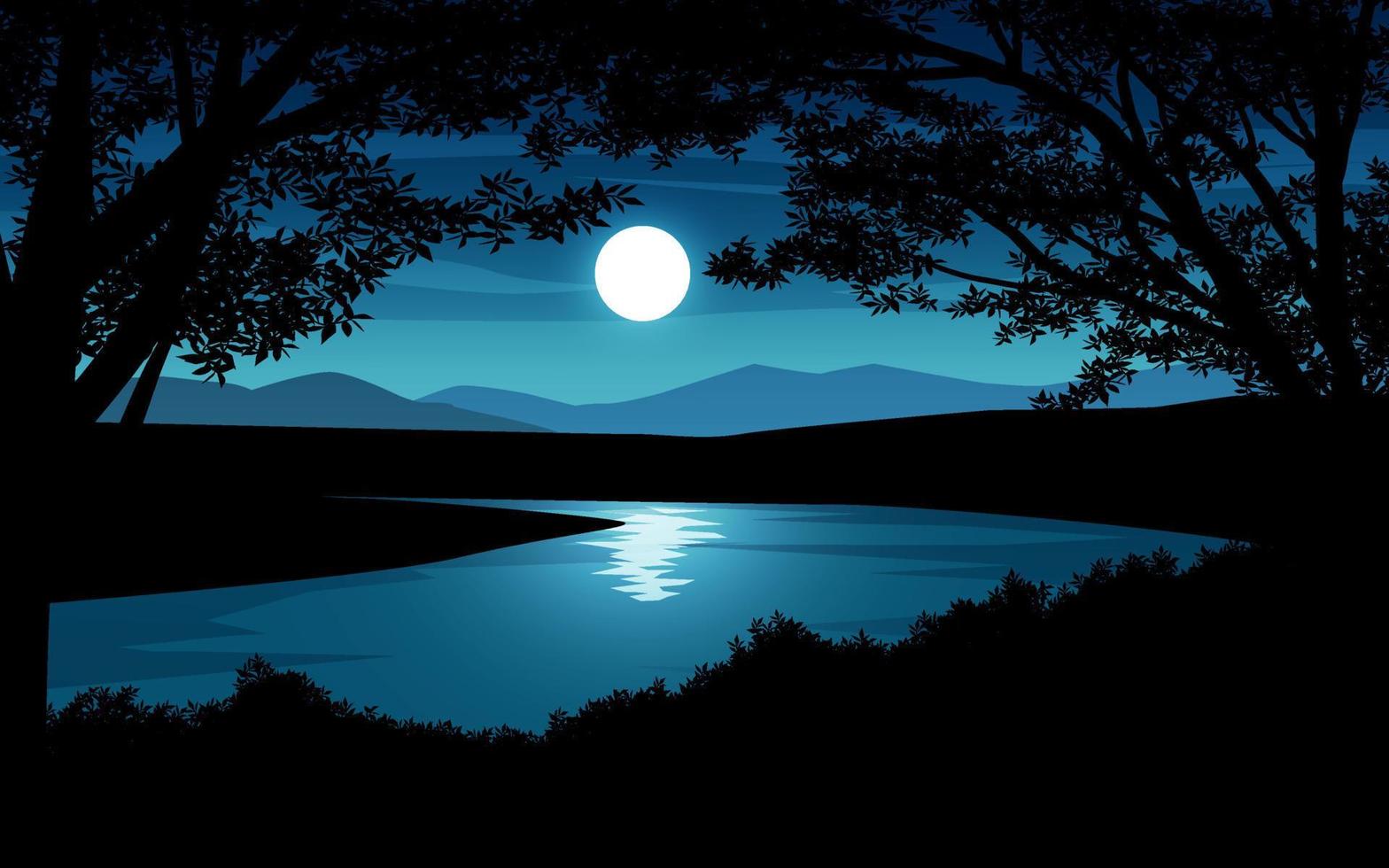 paisaje de bosque a la luz de la luna con río vector