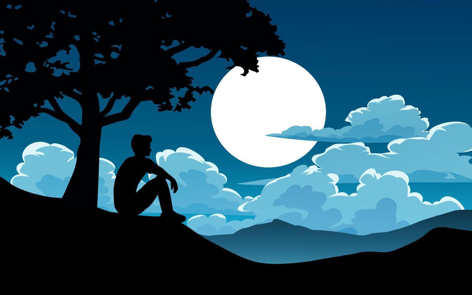 fondo de noche de naturaleza con luna llena y hombre sentado bajo el árbol vector