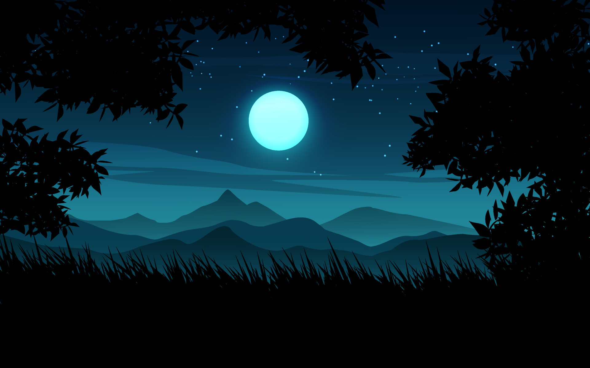 Starry night landscape with trees, grass and the moon 9432537 Vector ...