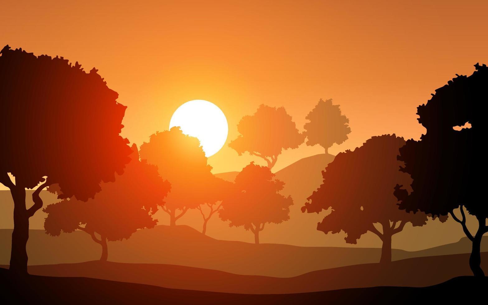 trees silhouette on orange sky sunset vector