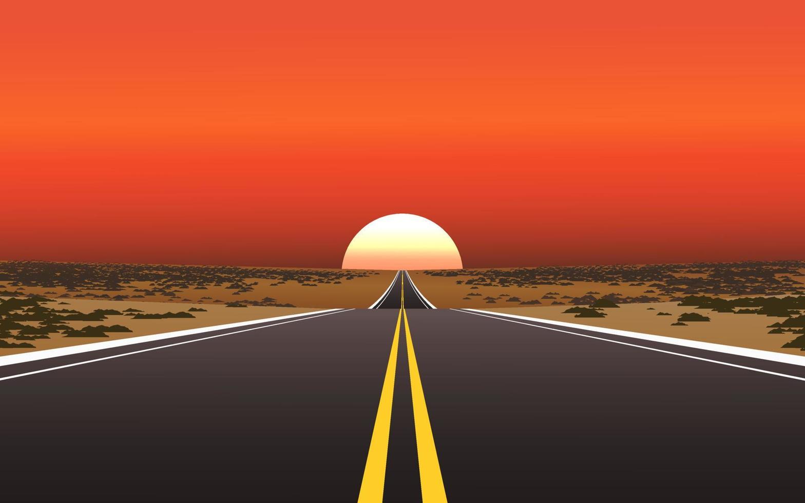 puesta de sol en el desierto con carretera recta vector