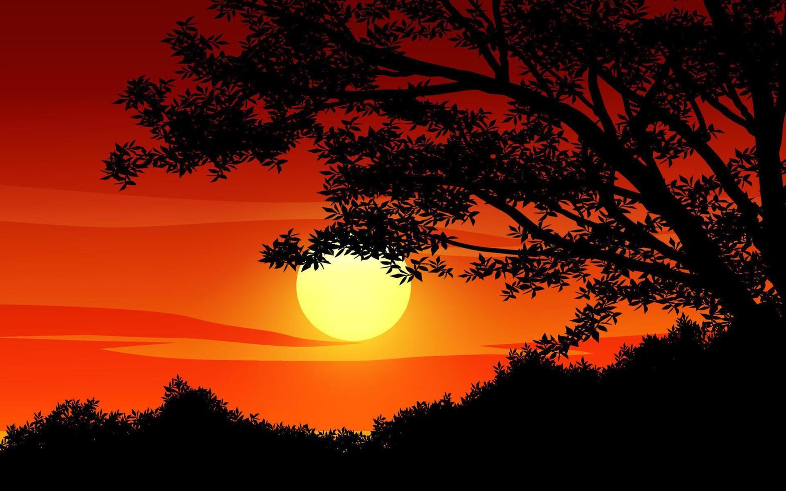 Tree silhouette against red sunset vector