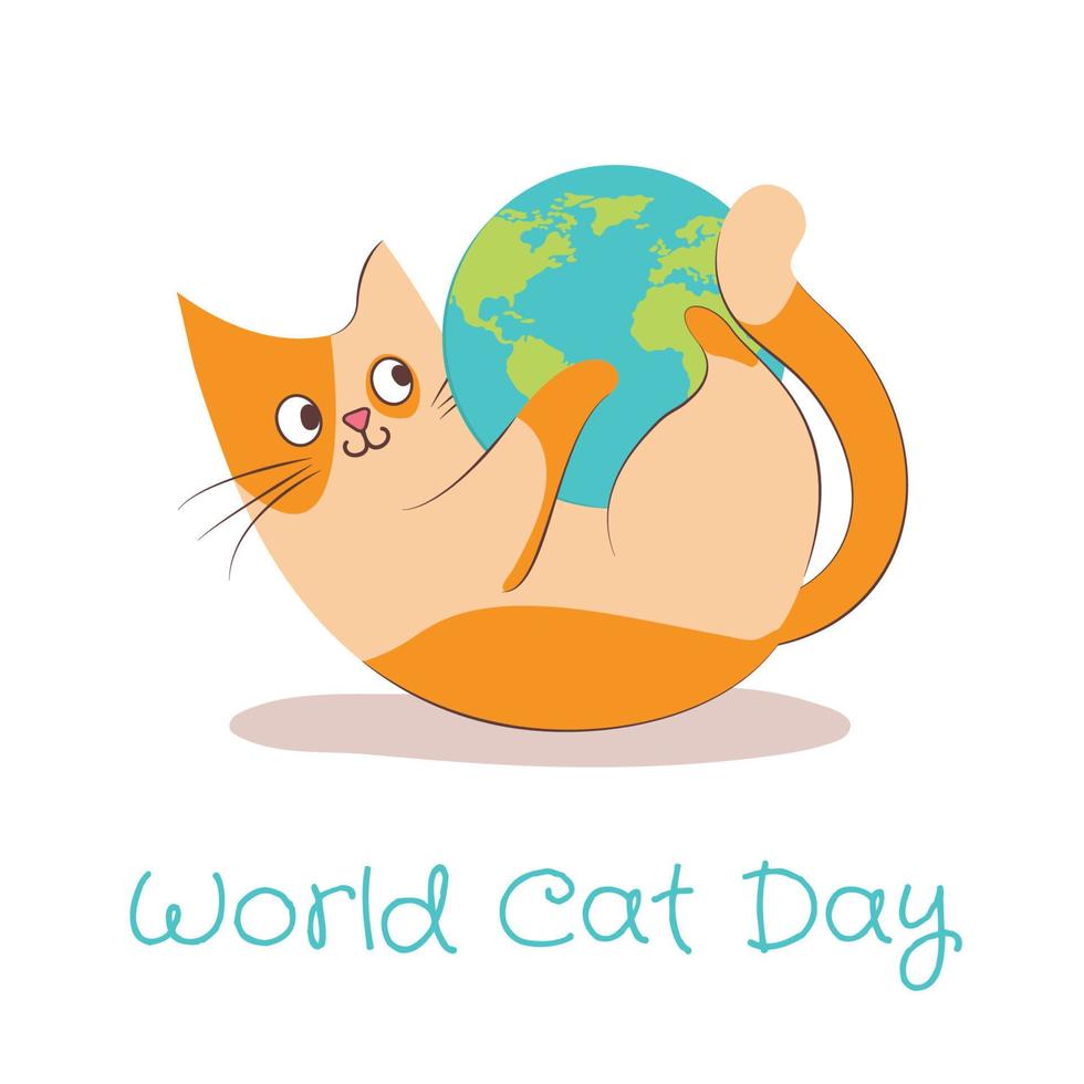 Cute cat is playing with the world vector icon. Isolated animal nature icon concept. flat cartoon style