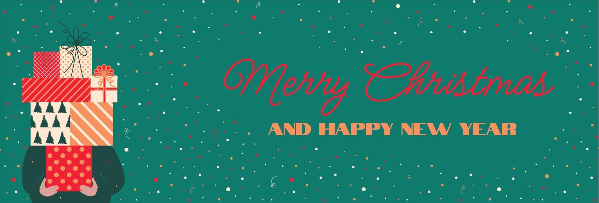 Hand drawn Vector abstract fun Merry Christmas and Happy New Year card with cute illustration with surprise gift boxes.