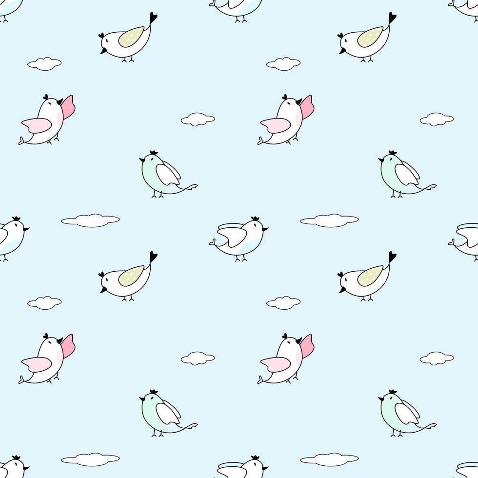 Vector - Abstract seamless pattern of cute bird flying on blue sky with cloud. Cartoon style. Can be use for print, paper, wrapping, fabric.