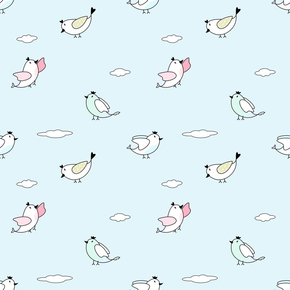 Vector - Abstract seamless pattern of cute bird flying on blue sky with cloud. Cartoon style. Can be use for print, paper, wrapping, fabric.