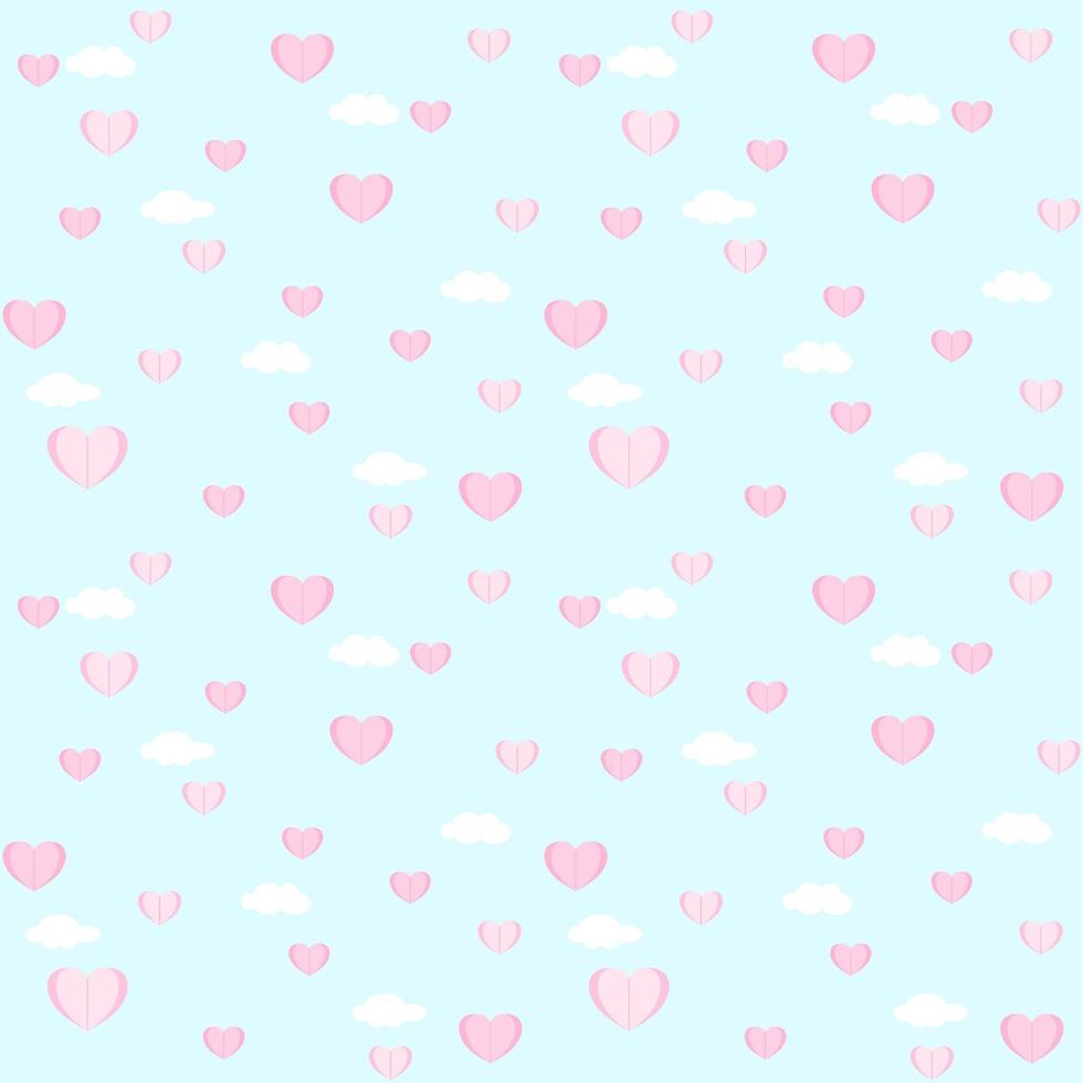 Vector - Abstract seamless pattern of mini pink paper heart flying on blue sky and white cloud. Can be use for print, paper, fabric, wallpaper, card.