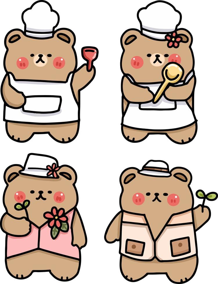 set cartoon character cute bear, chef and camping concept, flat and doodle illustration vector