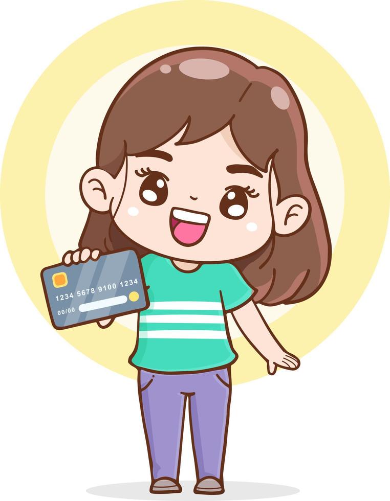 personaje de dibujos animados adolescente con tarjeta de crédito, compras con tarjeta de crédito, concepto financiero y de dinero, ilustración plana vector