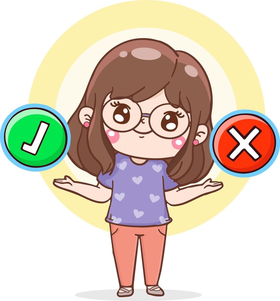 personaje de dibujos animados femenino con signo correcto e incorrecto, concepto de elección, ilustración plana vector