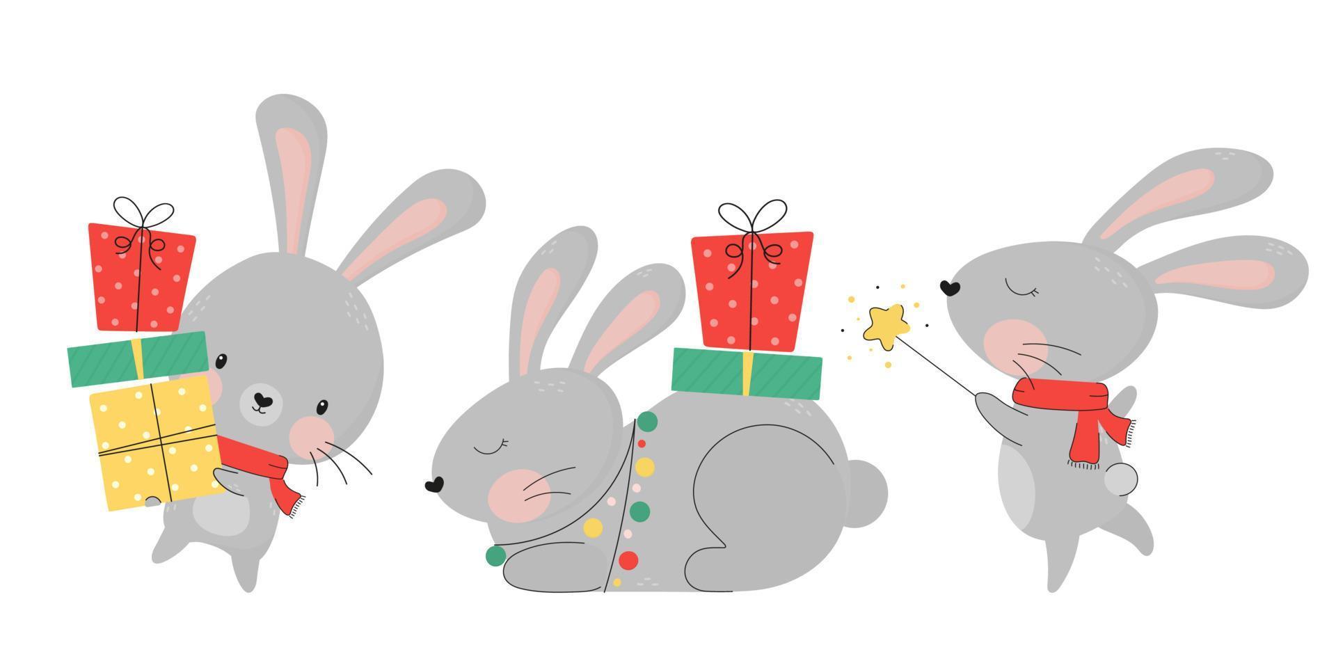 conjunto de conejitos lindos divertidos de navidad. personaje de dibujos animados de vacaciones de conejo animal. Decoración navideña. garabato linda liebre en vector. tarjeta de felicitación, pegatina, impresión vector