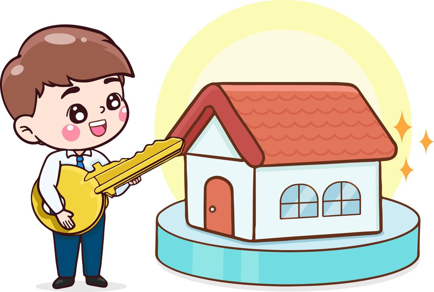 cartoon character man buy the new house, home loan financial and debt concept, flat illustration vector