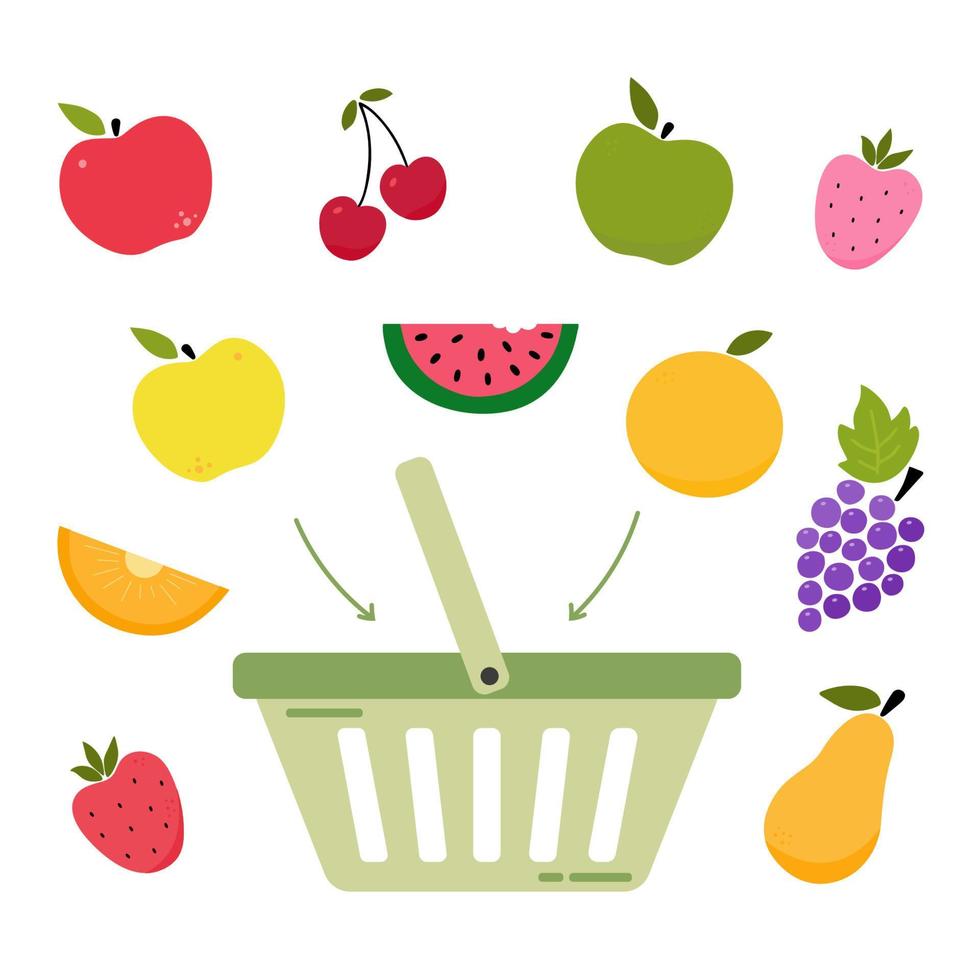 Green supermarket shopping basket with fruits. Constructor. Assemble it yourself. Fresh fruits buying. Farmers market. Shopping for organic products. Eco concept. Flat vector illustration