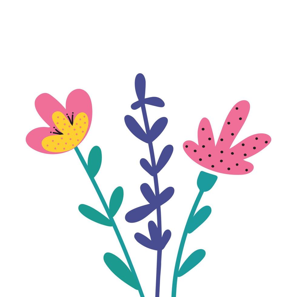 Composition of cute hand-drawn flowers. Many bright and beautiful flowers. Vector illustration. Great for postcards, printing on clothes. Floral bouquets