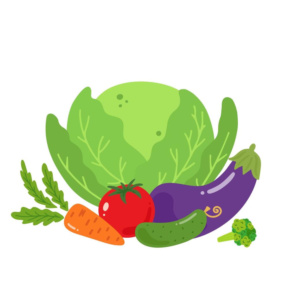 Healthy food composition of vegetables on a white background. Flat vector illustration. Fresh organic vegetable. Green natural background. Vegetarian food. Healthy eating