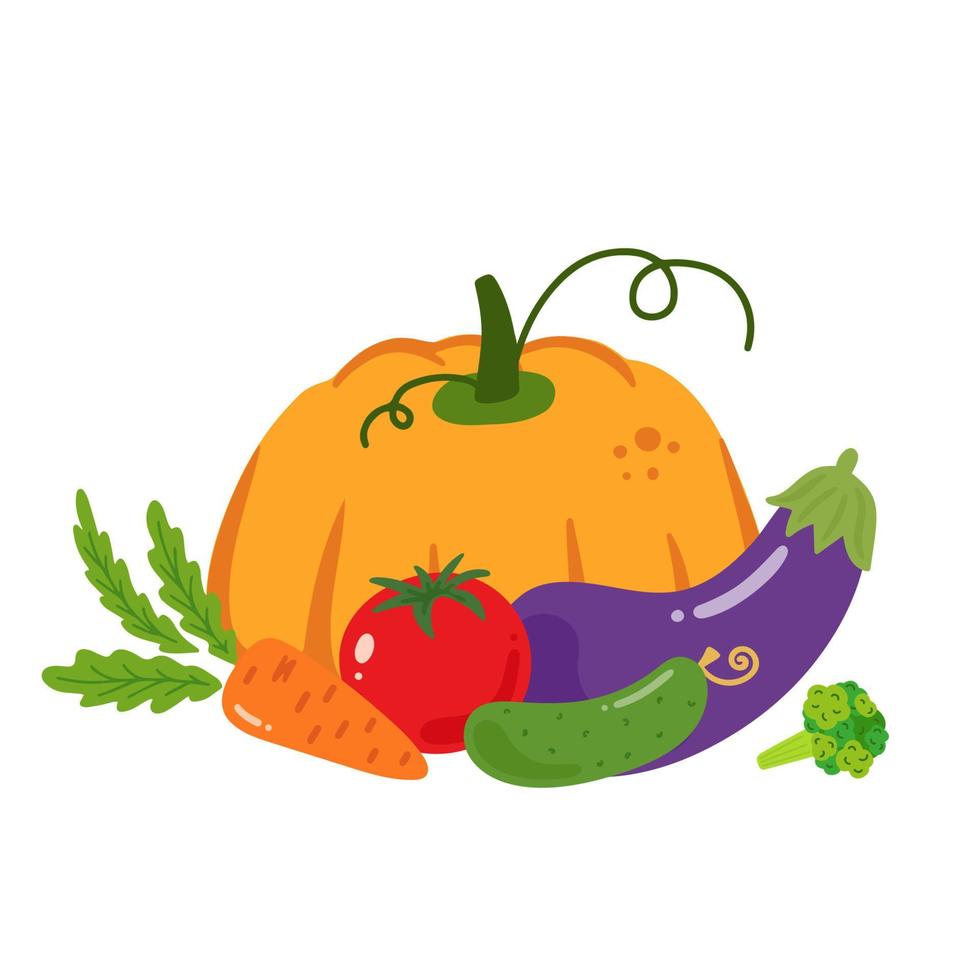 composición de alimentos saludables de verduras sobre un fondo blanco. ilustración vectorial plana. vegetales orgánicos frescos. fondo natural verde. comida vegetariana. alimentación saludable. calabaza, cosecha, otoño vector